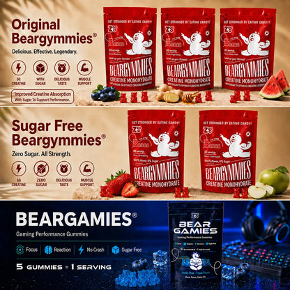 Beargymmies strawberry sugar free creatine gummies met 5 gummies per serving en 30 servings per zak.