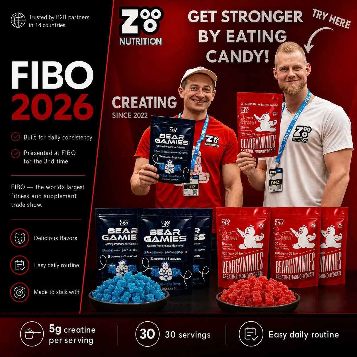 Zooo Nutrition op FIBO 2026 met Beargymmies creatine gummies en Beargamies gaming performance gummies.