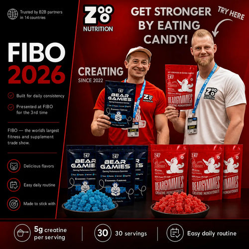 Zooo Nutrition op FIBO 2026 met Beargymmies creatine gummies en Beargamies gaming performance gummies.